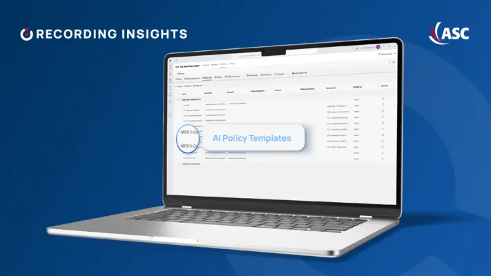 AI Policy Templates zur Erkennung von MiFID II Verstößen Laptop mit Recording Insights zeigt AI Policy Templates für MiFID II Compliance